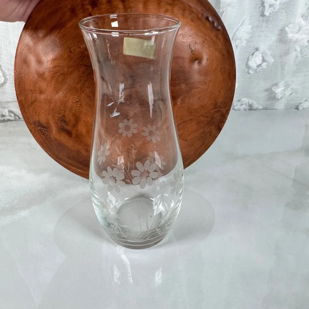 Pasabahce Small Vintage Floral Etched Clear Glass Vase Daisy Made in Turkey‎